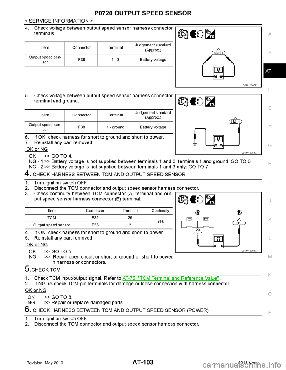 NISSAN LATIO 2011 Service Repair Manual P0720 OUTPUT SPEED SENSORAT-103
< SERVICE INFORMATION >
DE
F
G H
I
J
K L
M A
B
AT
N
O P
4. Check voltage between output speed sensor harness connector terminals.
5. Check voltage between output speed NISSAN LATIO 2011 Service Repair Manual P0720 OUTPUT SPEED SENSORAT-103
< SERVICE INFORMATION >
DE
F
G H
I
J
K L
M A
B
AT
N
O P
4. Check voltage between output speed sensor harness connector terminals.
5. Check voltage between output speed
