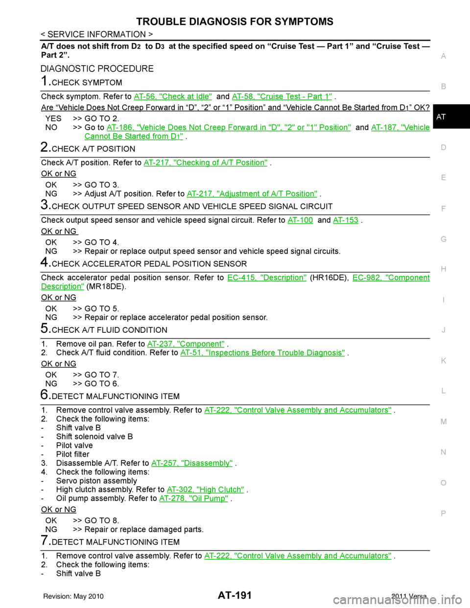 NISSAN LATIO 2011 Service Repair Manual TROUBLE DIAGNOSIS FOR SYMPTOMSAT-191
< SERVICE INFORMATION >
DE
F
G H
I
J
K L
M A
B
AT
N
O P
A/T does not shift from D2 to D3 at the specified speed on “Cruise Test — Part 1” and “Cruise Tes NISSAN LATIO 2011 Service Repair Manual TROUBLE DIAGNOSIS FOR SYMPTOMSAT-191
< SERVICE INFORMATION >
DE
F
G H
I
J
K L
M A
B
AT
N
O P
A/T does not shift from D2 to D3 at the specified speed on “Cruise Test — Part 1” and “Cruise Tes