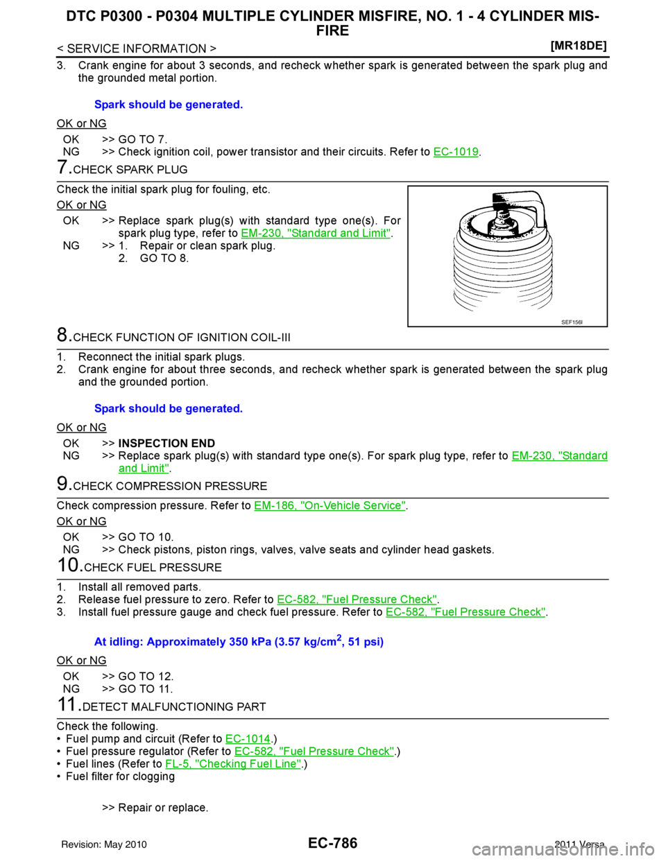 NISSAN LATIO 2011  Service Repair Manual EC-786
< SERVICE INFORMATION >[MR18DE]
DTC P0300 - P0304 MULTIPLE CYLINDER 
MISFIRE, NO. 1 - 4 CYLINDER MIS-
FIRE
3. Crank engine for about 3 seconds, and recheck whether spark is generated between th