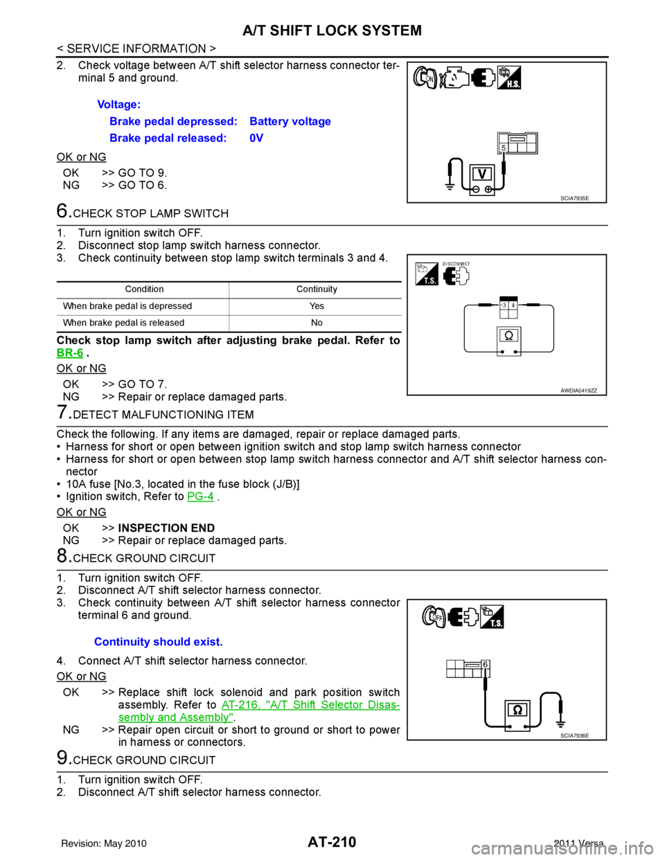 NISSAN LATIO 2011  Service Repair Manual AT-210
< SERVICE INFORMATION >
A/T SHIFT LOCK SYSTEM
2. Check voltage between A/T shift selector harness connector ter-minal 5 and ground.
OK or NG
OK >> GO TO 9.
NG >> GO TO 6.
6.CHECK STOP LAMP SWIT