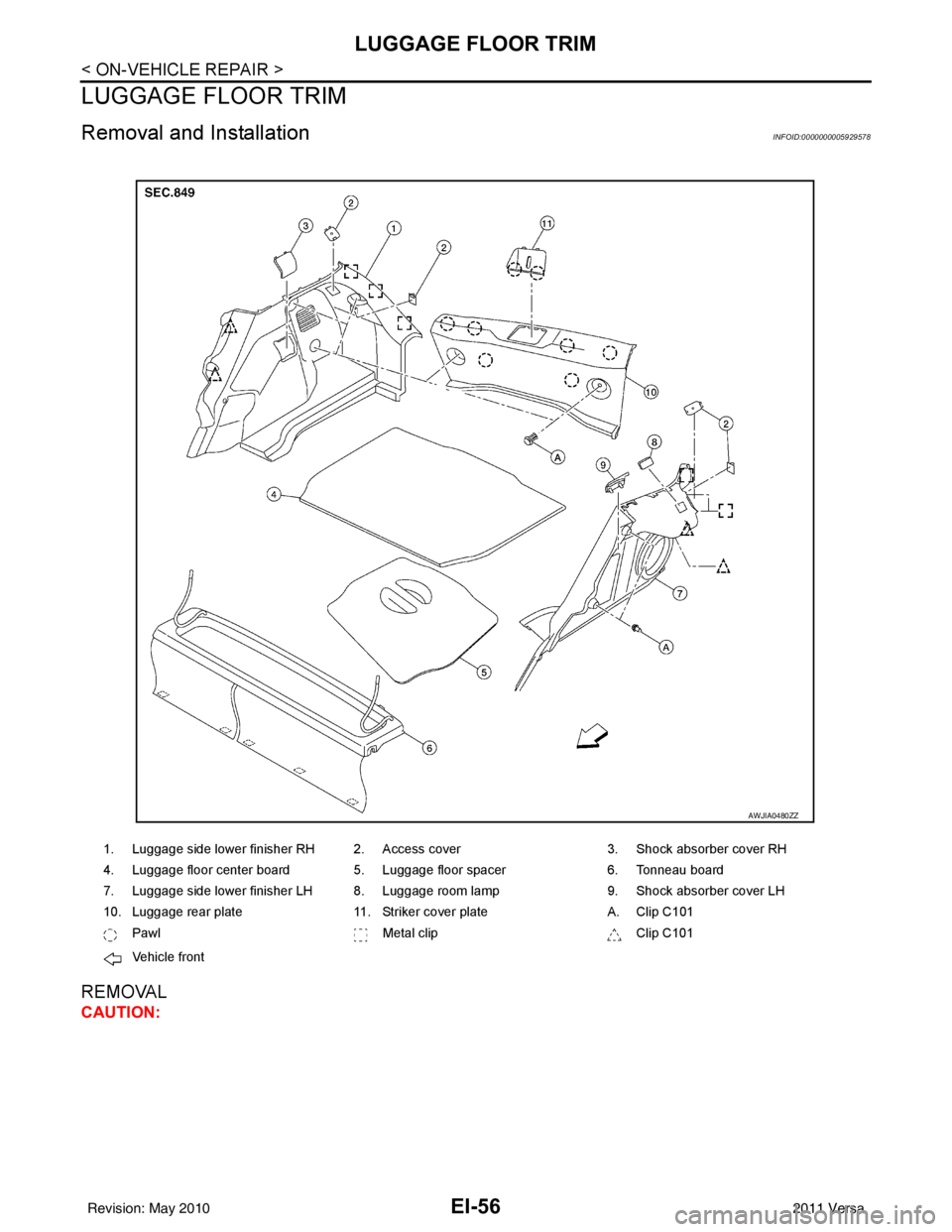 NISSAN LATIO 2011 Service Repair Manual EI-56
< ON-VEHICLE REPAIR >
LUGGAGE FLOOR TRIM
LUGGAGE FLOOR TRIM
Removal and InstallationINFOID:0000000005929578
REMOVAL
CAUTION:
1. Luggage side lower finisher RH 2. Access cover3. Shock absorber co NISSAN LATIO 2011 Service Repair Manual EI-56
< ON-VEHICLE REPAIR >
LUGGAGE FLOOR TRIM
LUGGAGE FLOOR TRIM
Removal and InstallationINFOID:0000000005929578
REMOVAL
CAUTION:
1. Luggage side lower finisher RH 2. Access cover3. Shock absorber co