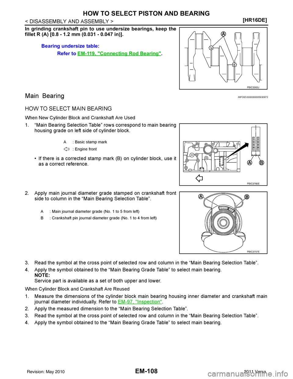 NISSAN LATIO 2011  Service Repair Manual EM-108
< DISASSEMBLY AND ASSEMBLY >[HR16DE]
HOW TO SELECT PISTON AND BEARING
In grinding crankshaft pin to u
se undersize bearings, keep the
fillet R (A) [0.8 - 1.2 mm (0.031 - 0.047 in)].
Main Bearin