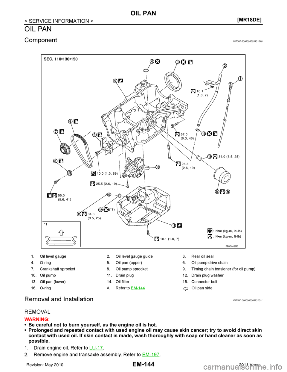 NISSAN LATIO 2011  Service Repair Manual EM-144
< SERVICE INFORMATION >[MR18DE]
OIL PAN
OIL PAN
ComponentINFOID:0000000005931010
Removal and InstallationINFOID:0000000005931011
REMOVAL
WARNING:
• Be careful not to burn yoursel
f, as the en