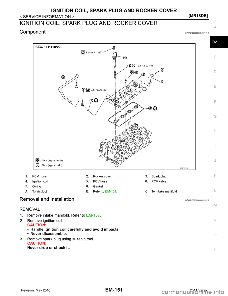 NISSAN LATIO 2011  Service Repair Manual IGNITION COIL, SPARK PLUG AND ROCKER COVER
EM-151
< SERVICE INFORMATION > [MR18DE]
C
D
E
F
G H
I
J
K L
M A
EM
NP
O
IGNITION COIL, SPARK 
PLUG AND ROCKER COVER
ComponentINFOID:0000000005931012
Removal 