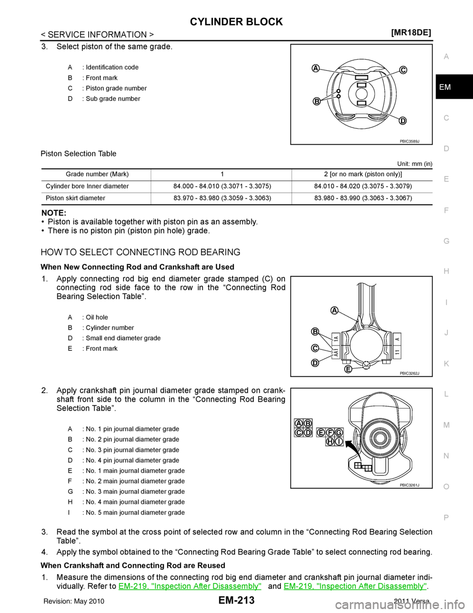 NISSAN LATIO 2011  Service Repair Manual CYLINDER BLOCKEM-213
< SERVICE INFORMATION > [MR18DE]
C
D
E
F
G H
I
J
K L
M A
EM
NP
O
3. Select piston of the same grade.
Piston Selection Table
Unit: mm (in)
NOTE:
• Piston is available together wi