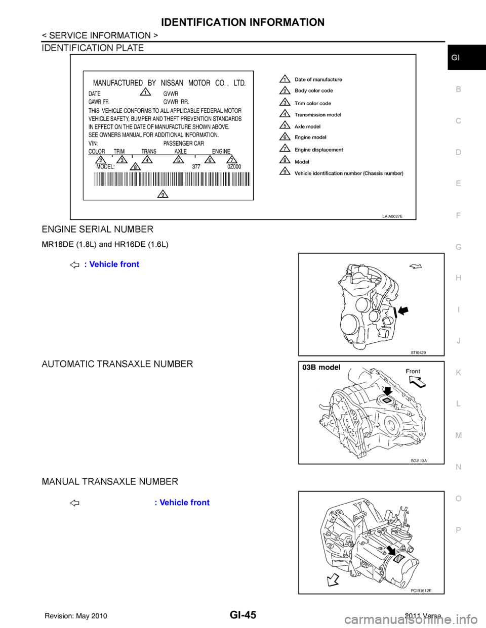 NISSAN LATIO 2011 Service Repair Manual IDENTIFICATION INFORMATIONGI-45
< SERVICE INFORMATION >
C
DE
F
G H
I
J
K L
M B
GI
N
O P
IDENTIFICATION PLATE
ENGINE SERIAL NUMBER
MR18DE (1.8L) and HR16DE (1.6L)
AUTOMATIC TRANSAXLE NUMBER
MANUAL T NISSAN LATIO 2011 Service Repair Manual IDENTIFICATION INFORMATIONGI-45
< SERVICE INFORMATION >
C
DE
F
G H
I
J
K L
M B
GI
N
O P
IDENTIFICATION PLATE
ENGINE SERIAL NUMBER
MR18DE (1.8L) and HR16DE (1.6L)
AUTOMATIC TRANSAXLE NUMBER
MANUAL T