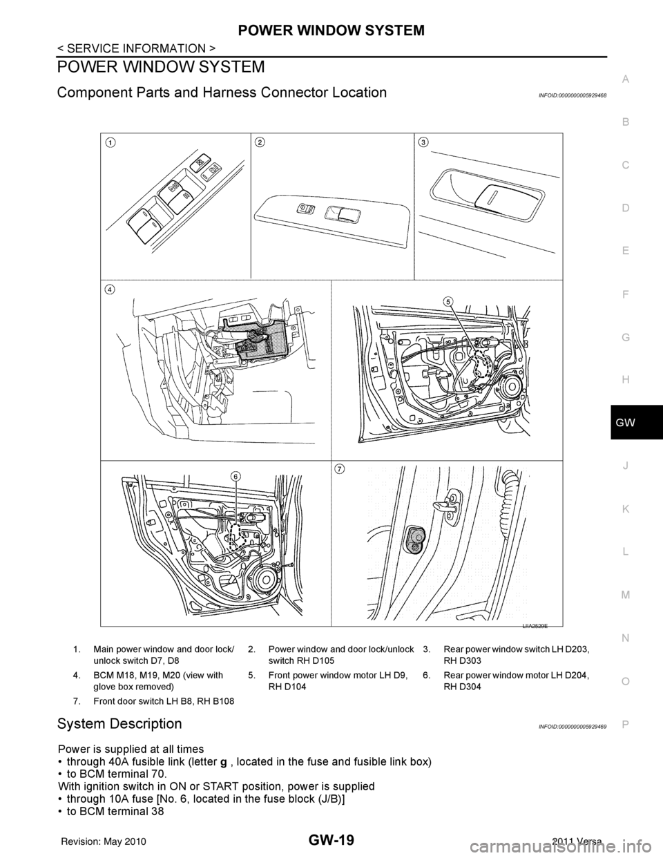 NISSAN LATIO 2011  Service Repair Manual POWER WINDOW SYSTEMGW-19
< SERVICE INFORMATION >
C
DE
F
G H
J
K L
M A
B
GW
N
O P
POWER WINDOW SYSTEM
Component Parts and Har ness Connector LocationINFOID:0000000005929468
System DescriptionINFOID:000