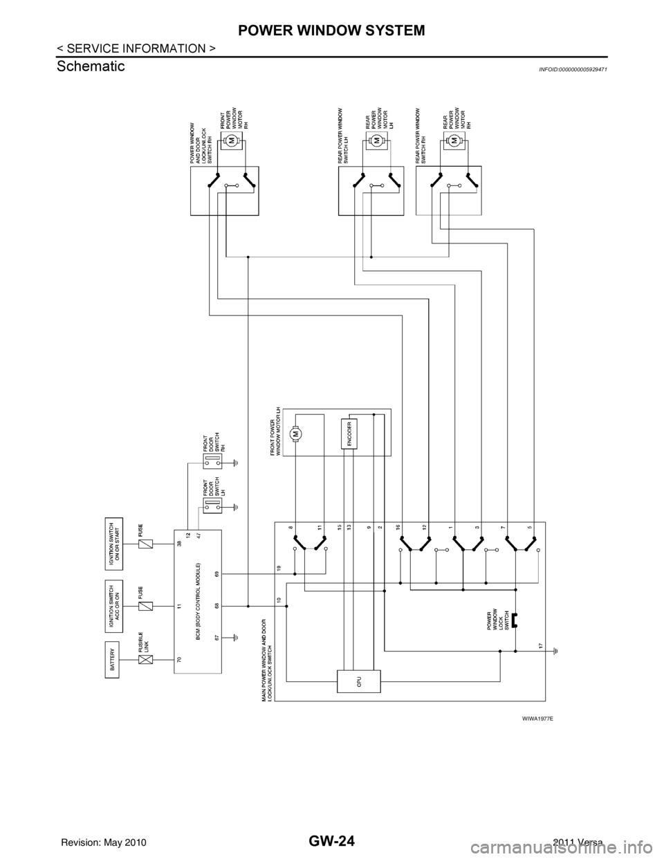 NISSAN LATIO 2011 Service Repair Manual GW-24
< SERVICE INFORMATION >
POWER WINDOW SYSTEM
Schematic
INFOID:0000000005929471
WIWA1977E
Revision: May 2010 2011 Versa NISSAN LATIO 2011 Service Repair Manual GW-24
< SERVICE INFORMATION >
POWER WINDOW SYSTEM
Schematic
INFOID:0000000005929471
WIWA1977E
Revision: May 2010 2011 Versa