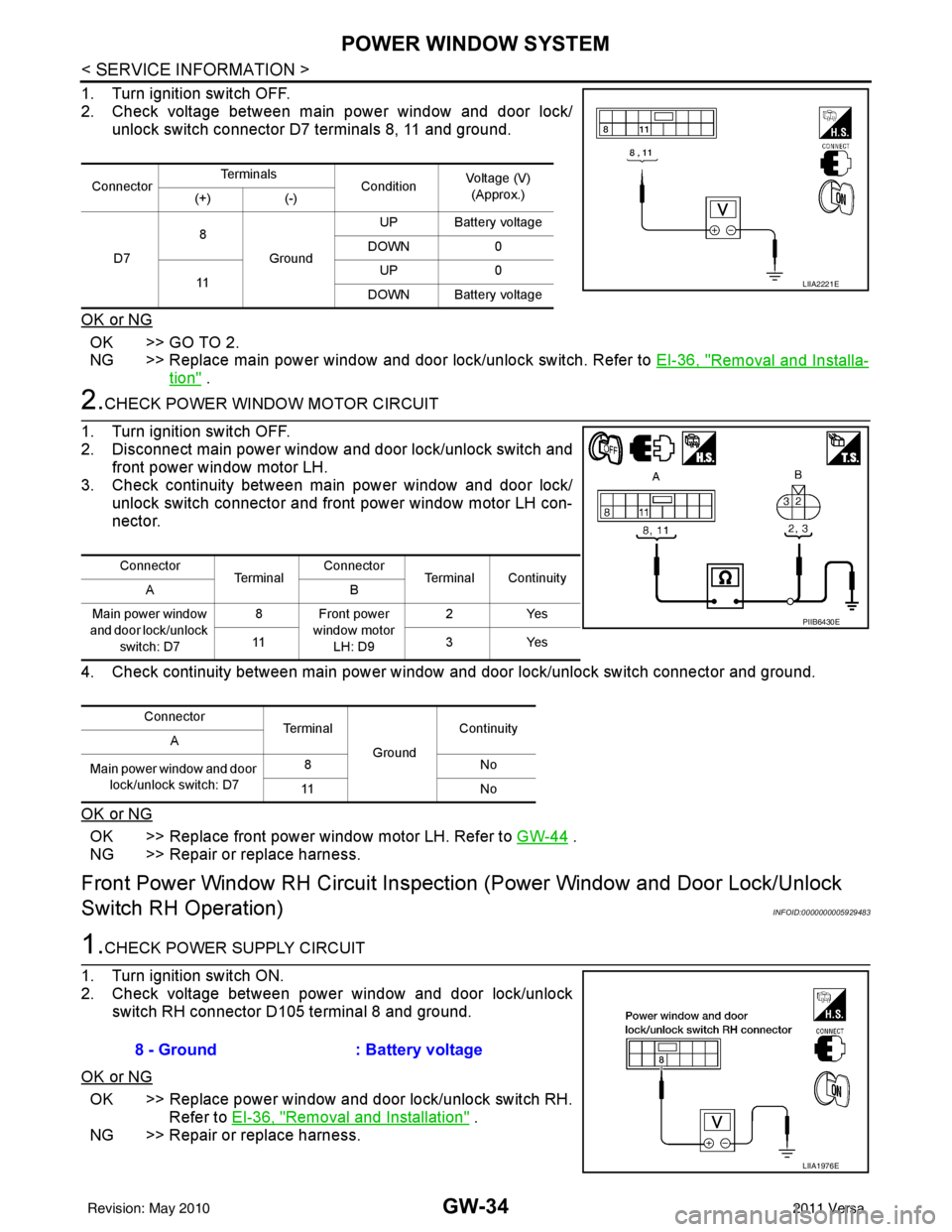 NISSAN LATIO 2011 Service Repair Manual GW-34
< SERVICE INFORMATION >
POWER WINDOW SYSTEM
1. Turn ignition switch OFF.
2. Check voltage between main power window and door lock/unlock switch connector D7 terminals 8, 11 and ground.
OK or NG
NISSAN LATIO 2011 Service Repair Manual GW-34
< SERVICE INFORMATION >
POWER WINDOW SYSTEM
1. Turn ignition switch OFF.
2. Check voltage between main power window and door lock/unlock switch connector D7 terminals 8, 11 and ground.
OK or NG