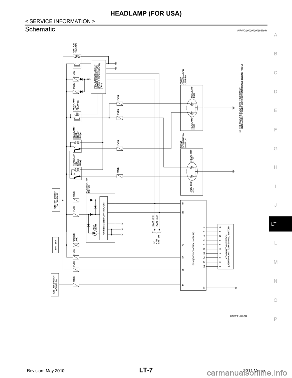 NISSAN LATIO 2011  Service Repair Manual HEADLAMP (FOR USA)LT-7
< SERVICE INFORMATION >
C
DE
F
G H
I
J
L
M A
B
LT
N
O P
SchematicINFOID:0000000005929031
ABLWA1012GB
Revision: May 2010 2011 Versa 