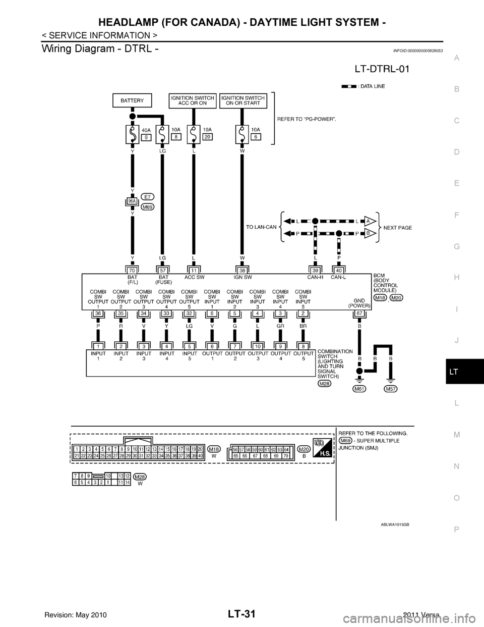 NISSAN LATIO 2011 Service Repair Manual HEADLAMP (FOR CANADA) - DAYTIME LIGHT SYSTEM -
LT-31
< SERVICE INFORMATION >
C
D E
F
G H
I
J
L
M A
B
LT
N
O P
Wiring Diagram - DTRL -INFOID:0000000005929053
ABLWA1015GB
Revision: May 2010 2011 Versa NISSAN LATIO 2011 Service Repair Manual HEADLAMP (FOR CANADA) - DAYTIME LIGHT SYSTEM -
LT-31
< SERVICE INFORMATION >
C
D E
F
G H
I
J
L
M A
B
LT
N
O P
Wiring Diagram - DTRL -INFOID:0000000005929053
ABLWA1015GB
Revision: May 2010 2011 Versa