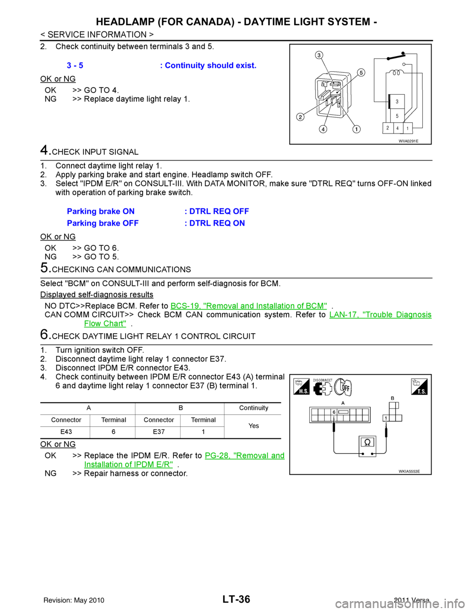 NISSAN LATIO 2011 Service Repair Manual LT-36
< SERVICE INFORMATION >
HEADLAMP (FOR CANADA) - DAYTIME LIGHT SYSTEM -
2. Check continuity between terminals 3 and 5.
OK or NG
OK >> GO TO 4.
NG >> Replace daytime light relay 1.
4.CHECK INPUT S NISSAN LATIO 2011 Service Repair Manual LT-36
< SERVICE INFORMATION >
HEADLAMP (FOR CANADA) - DAYTIME LIGHT SYSTEM -
2. Check continuity between terminals 3 and 5.
OK or NG
OK >> GO TO 4.
NG >> Replace daytime light relay 1.
4.CHECK INPUT S