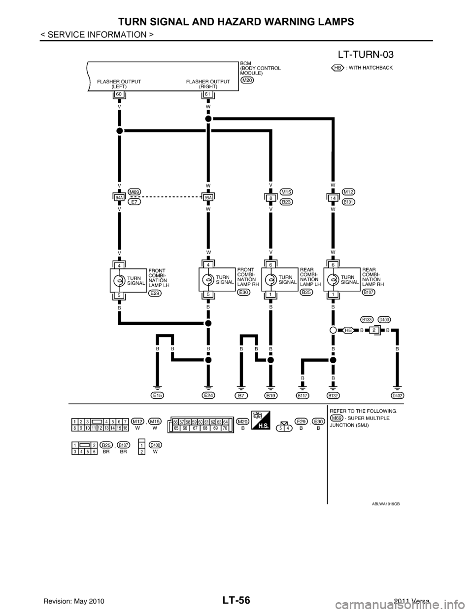 NISSAN LATIO 2011  Service Repair Manual LT-56
< SERVICE INFORMATION >
TURN SIGNAL AND HAZARD WARNING LAMPS
ABLWA1019GB
Revision: May 20102011 Versa 