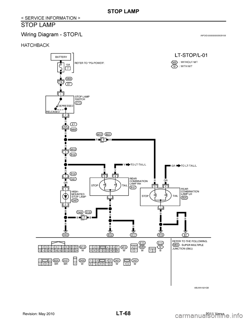 NISSAN LATIO 2011  Service Repair Manual LT-68
< SERVICE INFORMATION >
STOP LAMP
STOP LAMP
Wiring Diagram - STOP/LINFOID:0000000005929106
HATCHBACK
ABLWA1021GB
Revision: May 20102011 Versa 