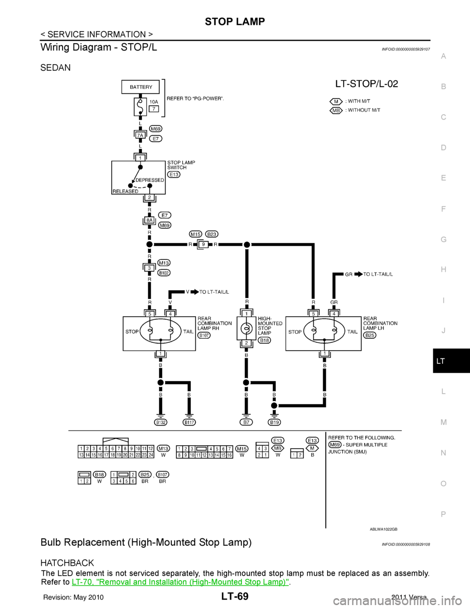NISSAN LATIO 2011  Service Repair Manual STOP LAMPLT-69
< SERVICE INFORMATION >
C
DE
F
G H
I
J
L
M A
B
LT
N
O P
Wiring Diagram - STOP/LINFOID:0000000005929107
SEDAN
Bulb Replacement (High-Mounted Stop Lamp)INFOID:0000000005929108
HATCHBACK
T