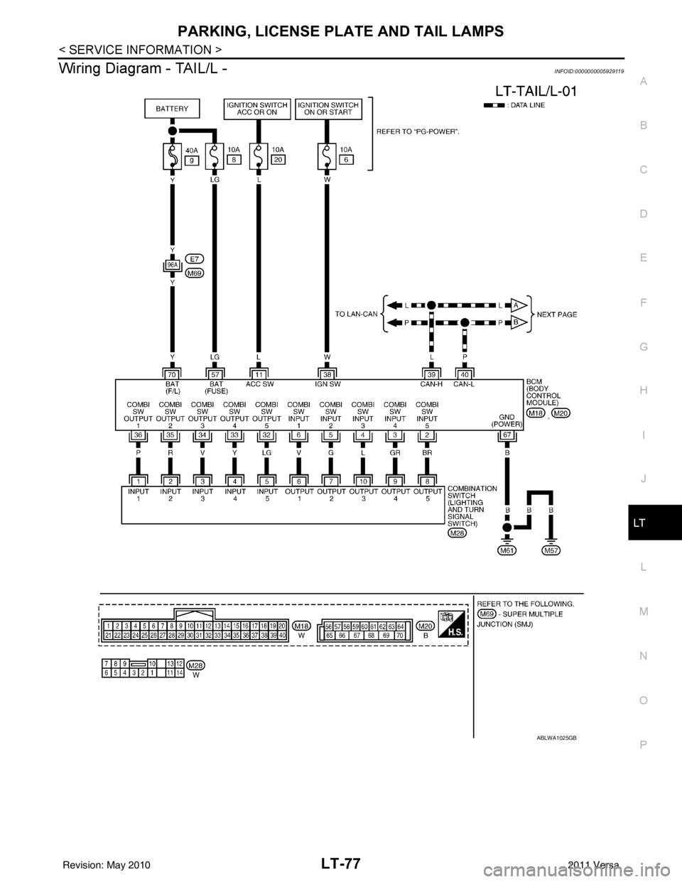 NISSAN LATIO 2011  Service Repair Manual PARKING, LICENSE PLATE AND TAIL LAMPS
LT-77
< SERVICE INFORMATION >
C
D E
F
G H
I
J
L
M A
B
LT
N
O P
Wiring Diagram - TAIL/L -INFOID:0000000005929119
ABLWA1025GB
Revision: May 2010 2011 Versa 