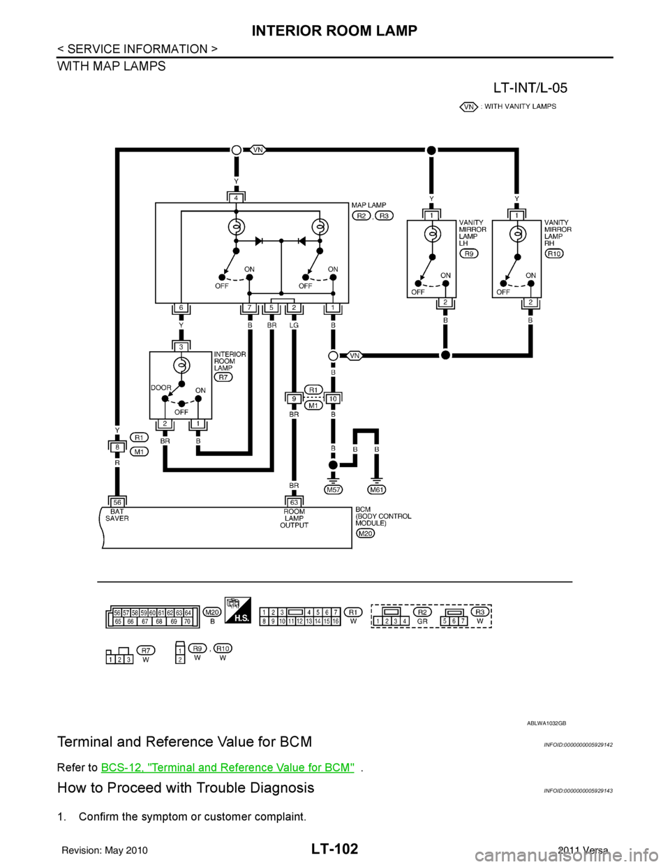 NISSAN LATIO 2011  Service Repair Manual LT-102
< SERVICE INFORMATION >
INTERIOR ROOM LAMP
WITH MAP LAMPS
Terminal and Reference Value for BCMINFOID:0000000005929142
Refer to BCS-12, "Terminal and Reference Value for BCM"  . 
How to Proceed 