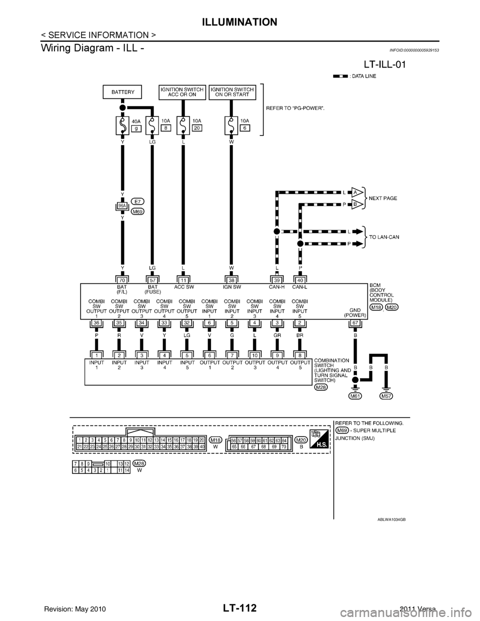 NISSAN LATIO 2011  Service Repair Manual LT-112
< SERVICE INFORMATION >
ILLUMINATION
Wiring Diagram - ILL -
INFOID:0000000005929153
ABLWA1034GB
Revision: May 2010 2011 Versa 