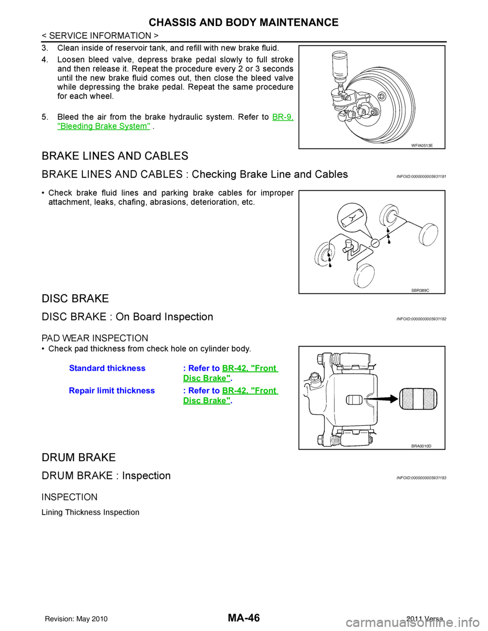 NISSAN LATIO 2011  Service Repair Manual MA-46
< SERVICE INFORMATION >
CHASSIS AND BODY MAINTENANCE
3. Clean inside of reservoir tank, and refill with new brake fluid. 
4. Loosen bleed valve, depress brake pedal slowly to full strokeand then