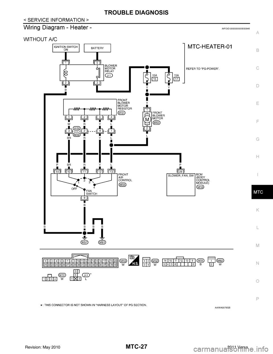 NISSAN LATIO 2011 Service Repair Manual TROUBLE DIAGNOSISMTC-27
< SERVICE INFORMATION >
C
DE
F
G H
I
K L
M A
B
MTC
N
O P
Wiring Diagram - Heater -INFOID:0000000005930846
WITHOUT A/C
AAIWA0079GB
Revision: May 2010 2011 Versa NISSAN LATIO 2011 Service Repair Manual TROUBLE DIAGNOSISMTC-27
< SERVICE INFORMATION >
C
DE
F
G H
I
K L
M A
B
MTC
N
O P
Wiring Diagram - Heater -INFOID:0000000005930846
WITHOUT A/C
AAIWA0079GB
Revision: May 2010 2011 Versa
