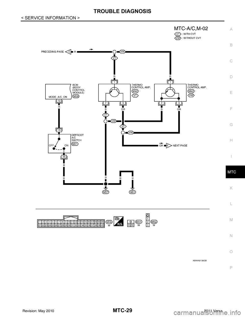 NISSAN LATIO 2011 Service Repair Manual TROUBLE DIAGNOSISMTC-29
< SERVICE INFORMATION >
C
DE
F
G H
I
K L
M A
B
MTC
N
O P
ABIWA0136GB
Revision: May 2010 2011 Versa NISSAN LATIO 2011 Service Repair Manual TROUBLE DIAGNOSISMTC-29
< SERVICE INFORMATION >
C
DE
F
G H
I
K L
M A
B
MTC
N
O P
ABIWA0136GB
Revision: May 2010 2011 Versa