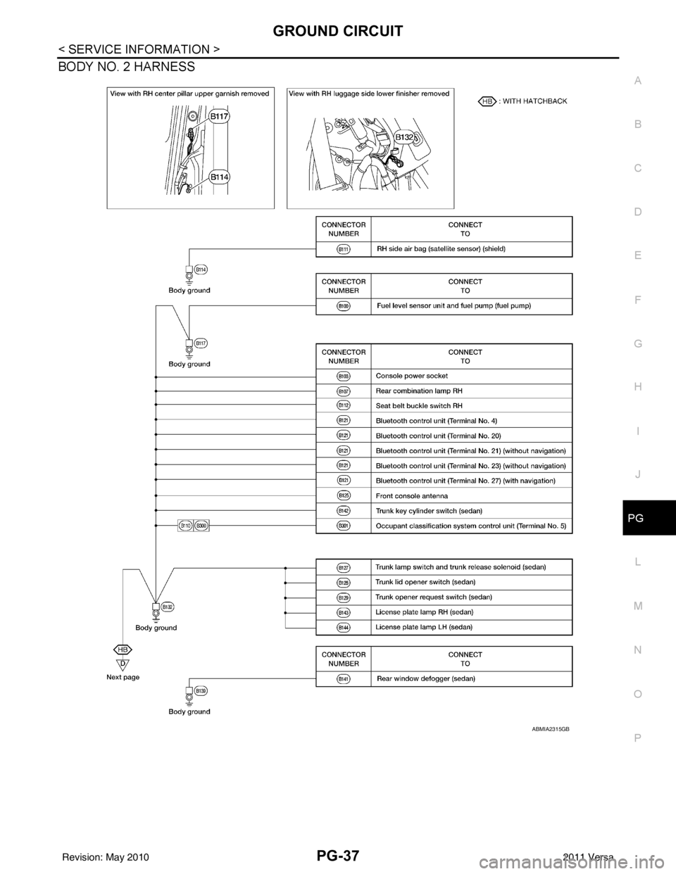 NISSAN LATIO 2011 Service Repair Manual GROUND CIRCUITPG-37
< SERVICE INFORMATION >
C
DE
F
G H
I
J
L
M A
B
PG
N
O P
BODY NO. 2 HARNESS
ABMIA2315GB
Revision: May 2010 2011 Versa NISSAN LATIO 2011 Service Repair Manual GROUND CIRCUITPG-37
< SERVICE INFORMATION >
C
DE
F
G H
I
J
L
M A
B
PG
N
O P
BODY NO. 2 HARNESS
ABMIA2315GB
Revision: May 2010 2011 Versa