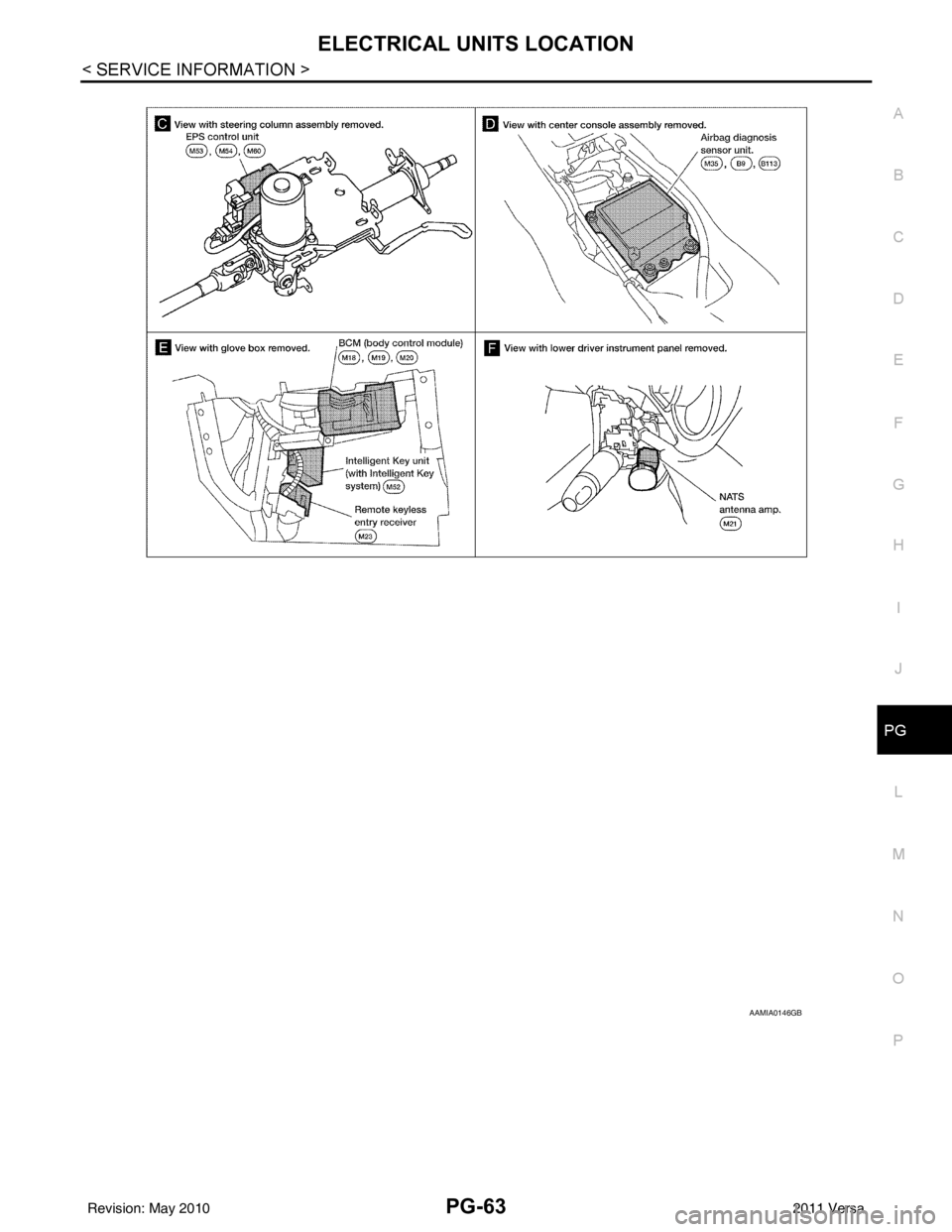 NISSAN LATIO 2011  Service Repair Manual ELECTRICAL UNITS LOCATIONPG-63
< SERVICE INFORMATION >
C
DE
F
G H
I
J
L
M A
B
PG
N
O P
AAMIA0146GB
Revision: May 2010 2011 Versa 