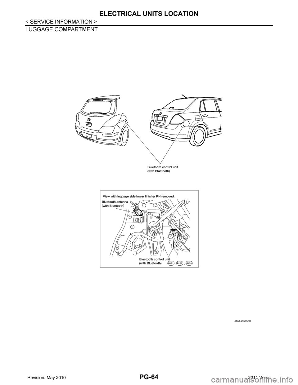 NISSAN LATIO 2011  Service Repair Manual PG-64
< SERVICE INFORMATION >
ELECTRICAL UNITS LOCATION
LUGGAGE COMPARTMENT
ABMIA1598GB
Revision: May 20102011 Versa 