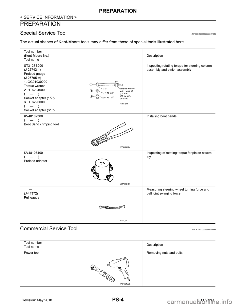 NISSAN LATIO 2011 Service Repair Manual PS-4
< SERVICE INFORMATION >
PREPARATION
PREPARATION
Special Service ToolINFOID:0000000005929630
The actual shapes of Kent-Moore tools may differ from thos e of special tools illustrated here.
Commerc NISSAN LATIO 2011 Service Repair Manual PS-4
< SERVICE INFORMATION >
PREPARATION
PREPARATION
Special Service ToolINFOID:0000000005929630
The actual shapes of Kent-Moore tools may differ from thos e of special tools illustrated here.
Commerc
