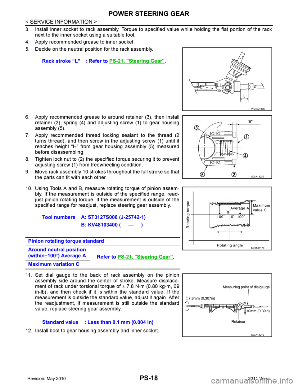 NISSAN LATIO 2011 Service Repair Manual PS-18
< SERVICE INFORMATION >
POWER STEERING GEAR
3. Install inner socket to rack assembly. Torque to specified value while holding the flat portion of the racknext to the inner socket using a suitabl NISSAN LATIO 2011 Service Repair Manual PS-18
< SERVICE INFORMATION >
POWER STEERING GEAR
3. Install inner socket to rack assembly. Torque to specified value while holding the flat portion of the racknext to the inner socket using a suitabl