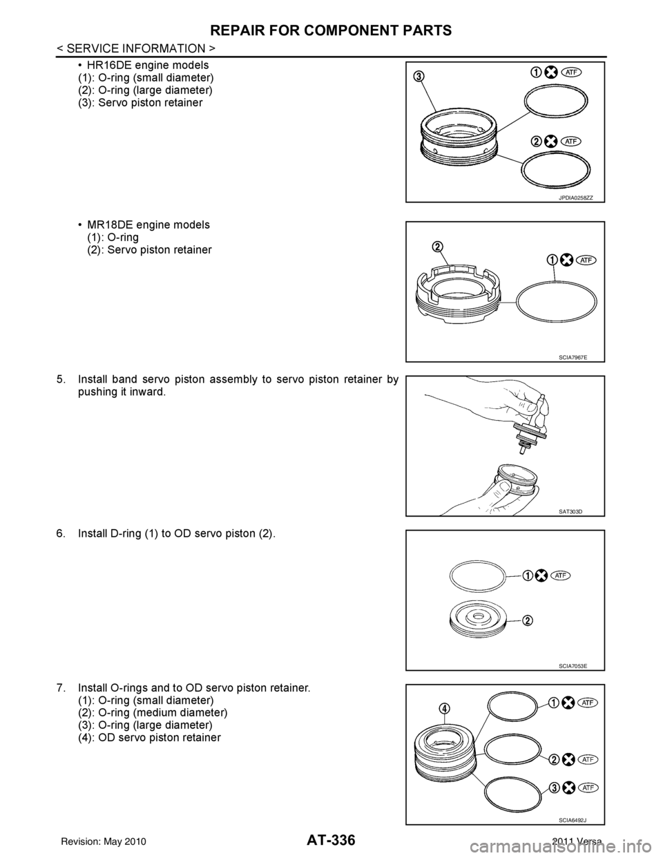 NISSAN LATIO 2011  Service Repair Manual AT-336
< SERVICE INFORMATION >
REPAIR FOR COMPONENT PARTS
• HR16DE engine models
(1): O-ring (small diameter)
(2): O-ring (large diameter)
(3): Servo piston retainer
• MR18DE engine models(1): O-r