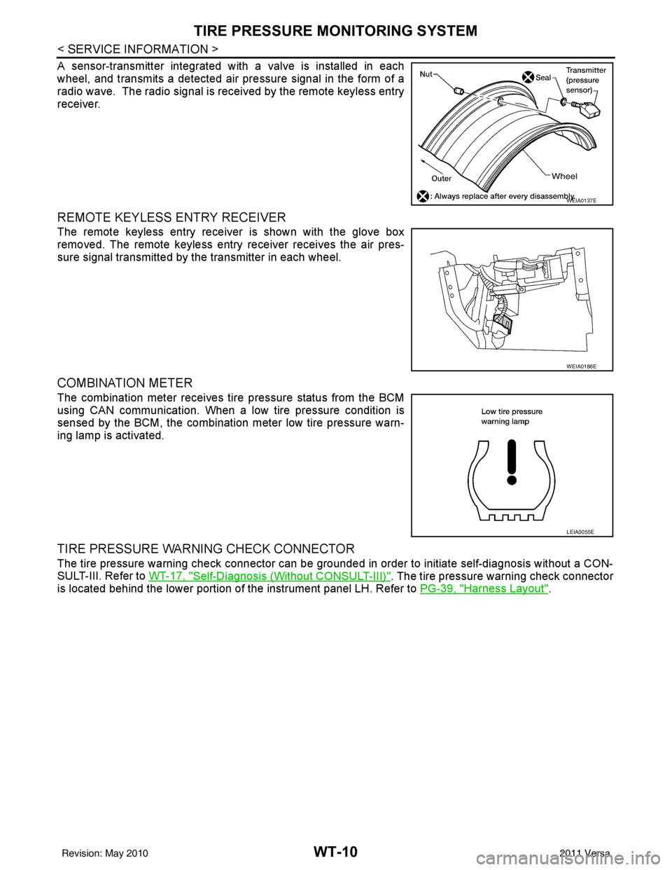NISSAN LATIO 2011 Service Repair Manual WT-10
< SERVICE INFORMATION >
TIRE PRESSURE MONITORING SYSTEM
A sensor-transmitter integrated with a valve is installed in each
wheel, and transmits a detected air pressure signal in the form of a
rad NISSAN LATIO 2011 Service Repair Manual WT-10
< SERVICE INFORMATION >
TIRE PRESSURE MONITORING SYSTEM
A sensor-transmitter integrated with a valve is installed in each
wheel, and transmits a detected air pressure signal in the form of a
rad