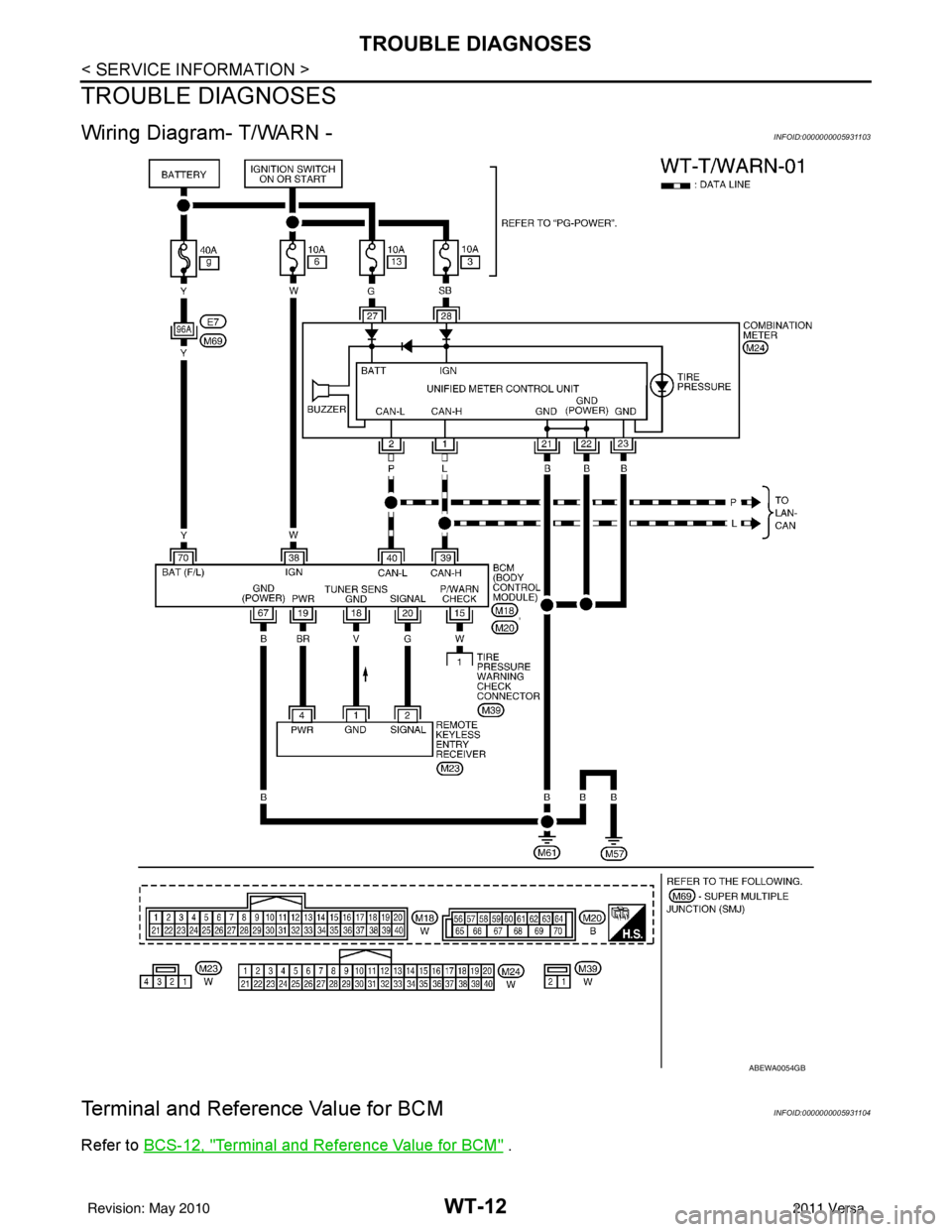 NISSAN LATIO 2011 Service Repair Manual WT-12
< SERVICE INFORMATION >
TROUBLE DIAGNOSES
TROUBLE DIAGNOSES
Wiring Diagram- T/WARN -INFOID:0000000005931103
Terminal and Reference Value for BCMINFOID:0000000005931104
Refer to BCS-12, "Terminal NISSAN LATIO 2011 Service Repair Manual WT-12
< SERVICE INFORMATION >
TROUBLE DIAGNOSES
TROUBLE DIAGNOSES
Wiring Diagram- T/WARN -INFOID:0000000005931103
Terminal and Reference Value for BCMINFOID:0000000005931104
Refer to BCS-12, "Terminal