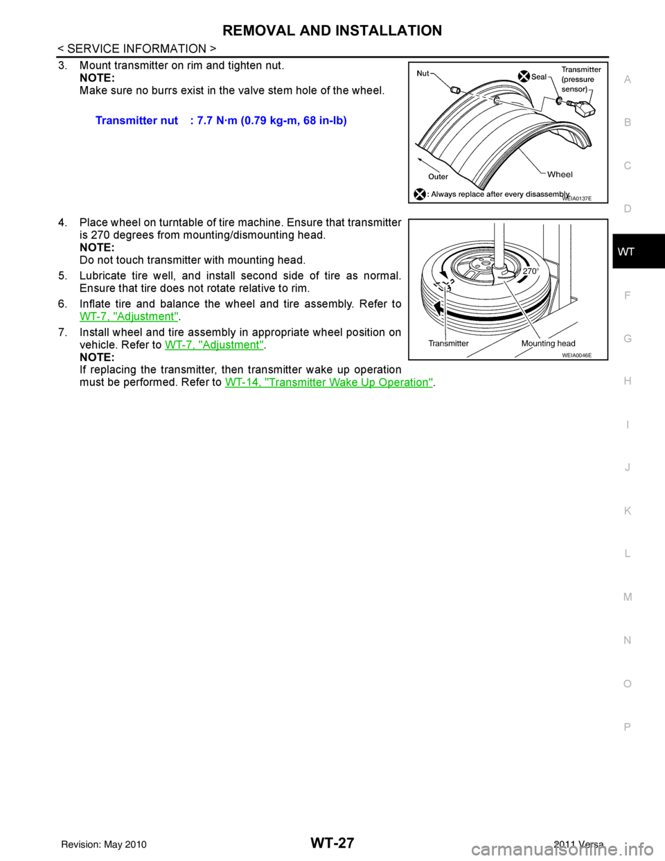 NISSAN LATIO 2011 Service Repair Manual REMOVAL AND INSTALLATIONWT-27
< SERVICE INFORMATION >
C
DF
G H
I
J
K L
M A
B
WT
N
O P
3. Mount transmitter on rim and tighten nut. NOTE:
Make sure no burrs exist in the valve stem hole of the wheel.
4 NISSAN LATIO 2011 Service Repair Manual REMOVAL AND INSTALLATIONWT-27
< SERVICE INFORMATION >
C
DF
G H
I
J
K L
M A
B
WT
N
O P
3. Mount transmitter on rim and tighten nut. NOTE:
Make sure no burrs exist in the valve stem hole of the wheel.
4