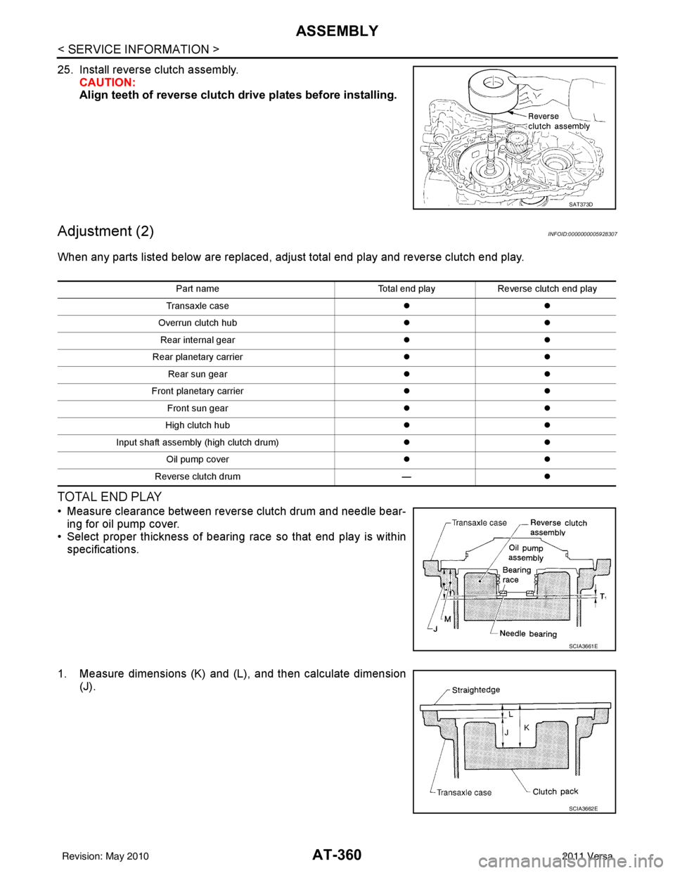 NISSAN LATIO 2011  Service Repair Manual AT-360
< SERVICE INFORMATION >
ASSEMBLY
25. Install reverse clutch assembly.CAUTION:
Align teeth of reverse clutch dr ive plates before installing.
Adjustment (2)INFOID:0000000005928307
When any parts