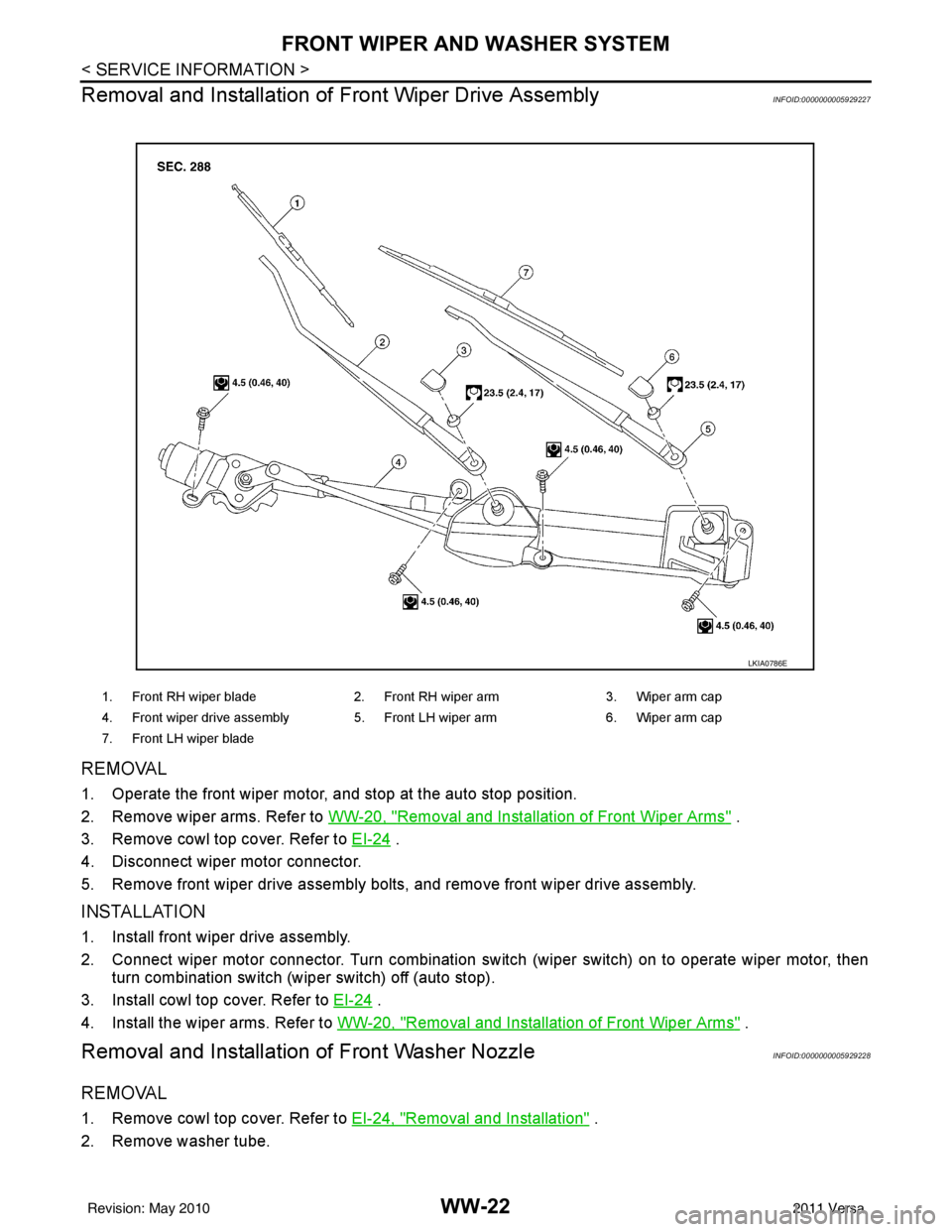 NISSAN LATIO 2011 Service Repair Manual WW-22
< SERVICE INFORMATION >
FRONT WIPER AND WASHER SYSTEM
Removal and Installation of Front Wiper Drive Assembly
INFOID:0000000005929227
REMOVAL
1. Operate the front wiper motor, and stop at the a NISSAN LATIO 2011 Service Repair Manual WW-22
< SERVICE INFORMATION >
FRONT WIPER AND WASHER SYSTEM
Removal and Installation of Front Wiper Drive Assembly
INFOID:0000000005929227
REMOVAL
1. Operate the front wiper motor, and stop at the a