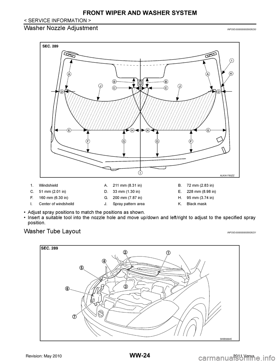 NISSAN LATIO 2011 Service Repair Manual WW-24
< SERVICE INFORMATION >
FRONT WIPER AND WASHER SYSTEM
Washer Nozzle Adjustment
INFOID:0000000005929230
• Adjust spray positions to match the positions as shown.
• Insert a suitable tool into NISSAN LATIO 2011 Service Repair Manual WW-24
< SERVICE INFORMATION >
FRONT WIPER AND WASHER SYSTEM
Washer Nozzle Adjustment
INFOID:0000000005929230
• Adjust spray positions to match the positions as shown.
• Insert a suitable tool into