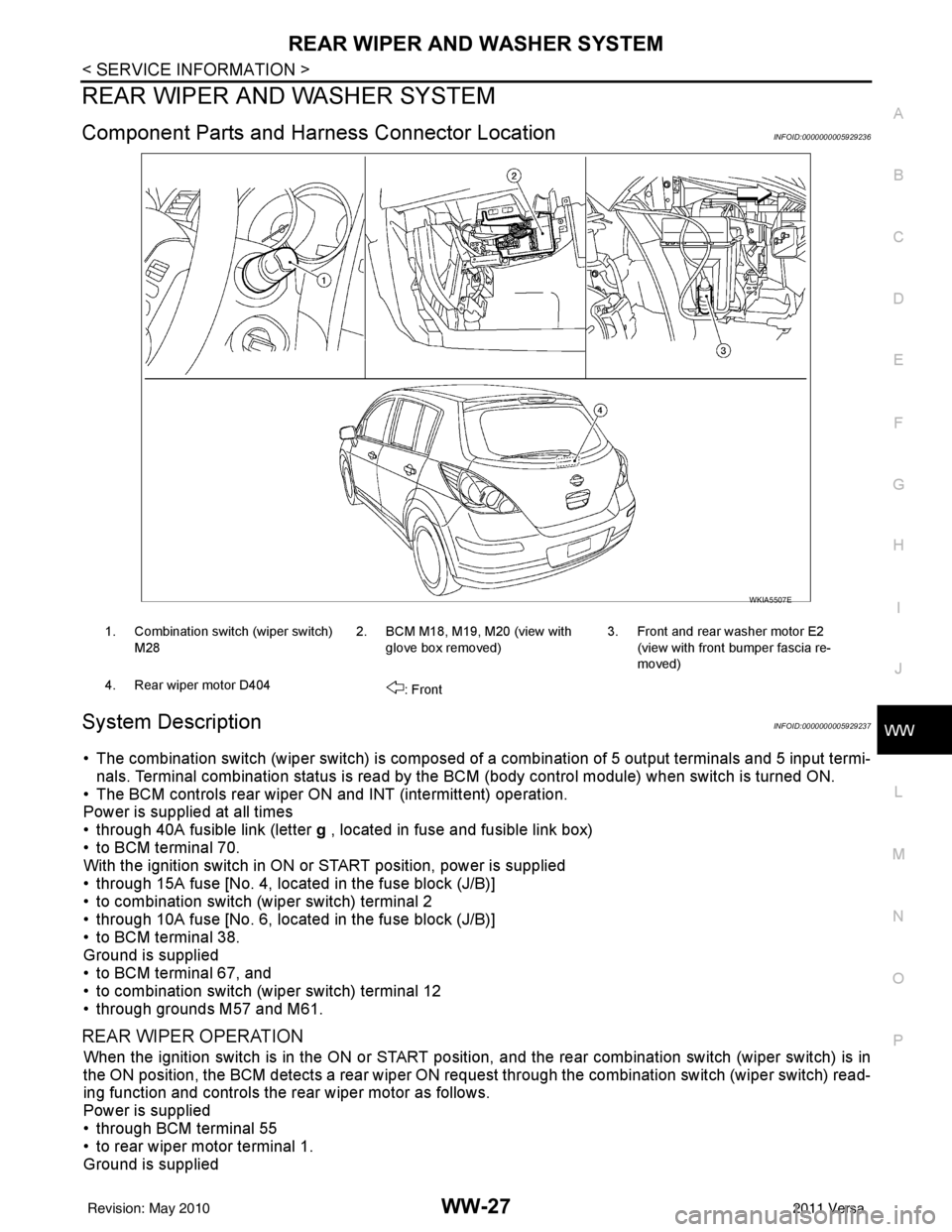 NISSAN LATIO 2011 Service Repair Manual REAR WIPER AND WASHER SYSTEMWW-27
< SERVICE INFORMATION >
C
DE
F
G H
I
J
L
M A
B
WW
N
O P
REAR WIPER AND WASHER SYSTEM
Component Parts and Har ness Connector LocationINFOID:0000000005929236
System Des NISSAN LATIO 2011 Service Repair Manual REAR WIPER AND WASHER SYSTEMWW-27
< SERVICE INFORMATION >
C
DE
F
G H
I
J
L
M A
B
WW
N
O P
REAR WIPER AND WASHER SYSTEM
Component Parts and Har ness Connector LocationINFOID:0000000005929236
System Des