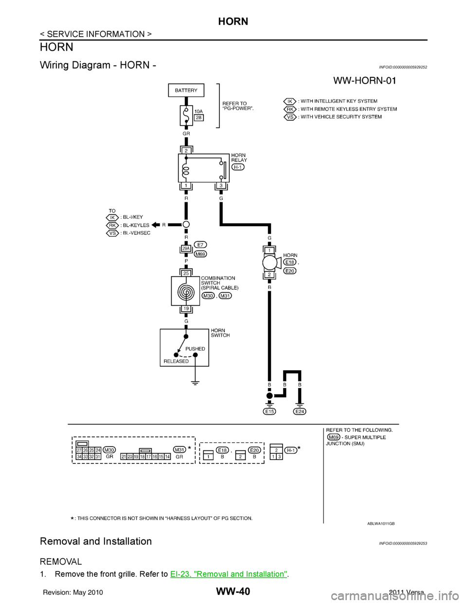 NISSAN LATIO 2011  Service Repair Manual WW-40
< SERVICE INFORMATION >
HORN
HORN
Wiring Diagram - HORN -INFOID:0000000005929252
Removal and InstallationINFOID:0000000005929253
REMOVAL
1. Remove the front grille. Refer to EI-23, "Removal and 