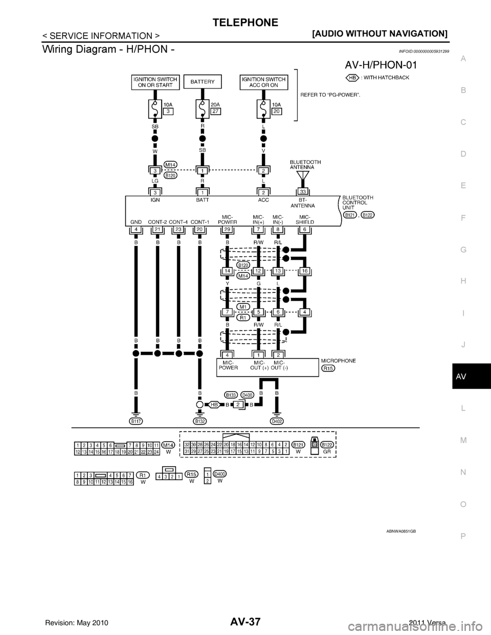 NISSAN LATIO 2011  Service Repair Manual TELEPHONEAV-37
< SERVICE INFORMATION > [AUDIO WITHOUT NAVIGATION]
C
D
E
F
G H
I
J
L
M A
B
AV
N
O P
Wiring Diagram - H/PHON -INFOID:0000000005931299
ABNWA0851GB
Revision: May 2010 2011 Versa 
