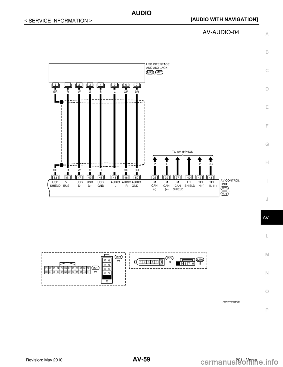 NISSAN LATIO 2011  Service Repair Manual AUDIOAV-59
< SERVICE INFORMATION > [AUDIO WITH NAVIGATION]
C
D
E
F
G H
I
J
L
M A
B
AV
N
O P
ABNWA0855GB
Revision: May 2010 2011 Versa 