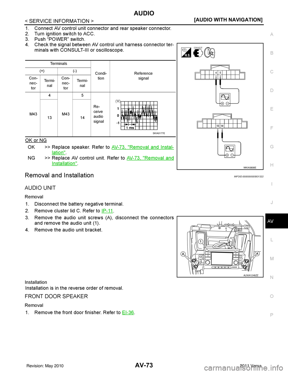 NISSAN LATIO 2011  Service Repair Manual AUDIOAV-73
< SERVICE INFORMATION > [AUDIO WITH NAVIGATION]
C
D
E
F
G H
I
J
L
M A
B
AV
N
O P
1. Connect AV control unit connector and rear speaker connector.
2. Turn ignition switch to ACC.
3. Push “