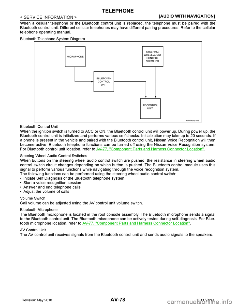 NISSAN LATIO 2011  Service Repair Manual AV-78
< SERVICE INFORMATION >[AUDIO WITH NAVIGATION]
TELEPHONE
When a cellular telephone or the Bluetooth control uni
t is replaced, the telephone must be paired with the
Bluetooth control unit. Diffe