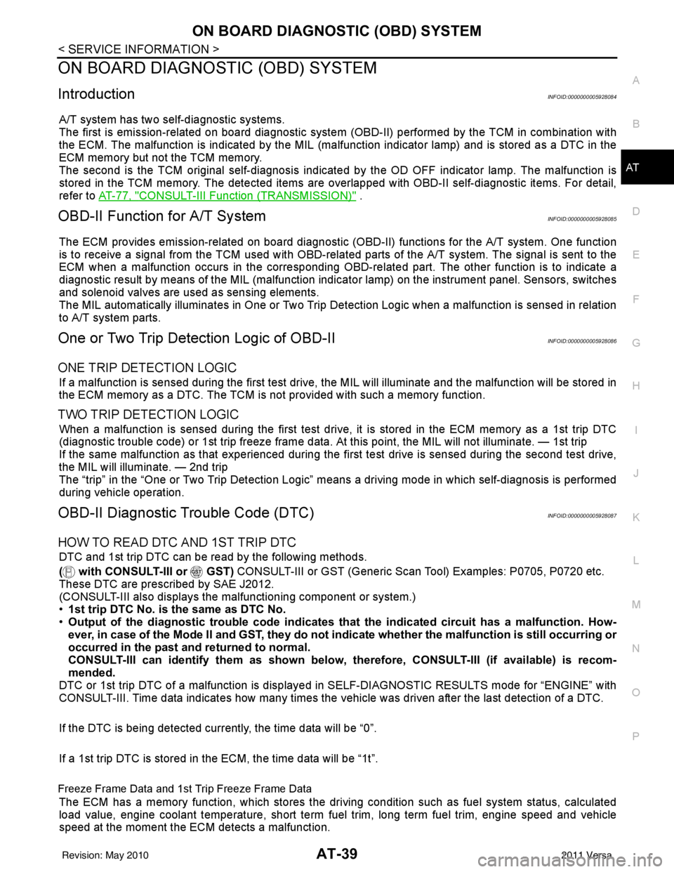 NISSAN LATIO 2011  Service Repair Manual ON BOARD DIAGNOSTIC (OBD) SYSTEMAT-39
< SERVICE INFORMATION >
DE
F
G H
I
J
K L
M A
B
AT
N
O P
ON BOARD DIAGNOSTIC (OBD) SYSTEM
IntroductionINFOID:0000000005928084
A/T system has two self-diagnostic sy