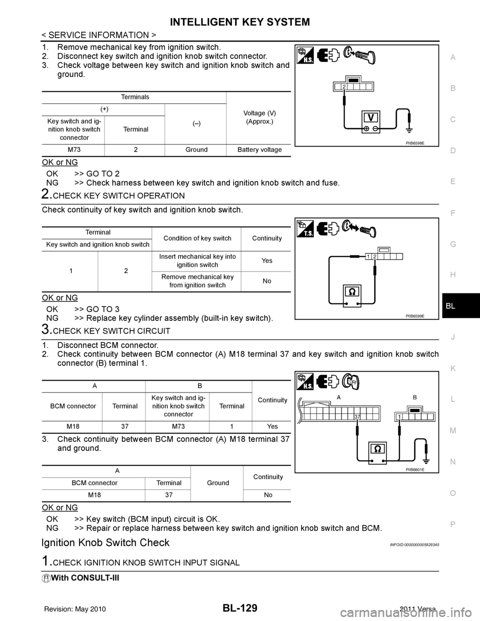 NISSAN LATIO 2011 Service Repair Manual INTELLIGENT KEY SYSTEMBL-129
< SERVICE INFORMATION >
C
DE
F
G H
J
K L
M A
B
BL
N
O P
1. Remove mechanical key from ignition switch.
2. Disconnect key switch and i gnition knob switch connector.
3. Che NISSAN LATIO 2011 Service Repair Manual INTELLIGENT KEY SYSTEMBL-129
< SERVICE INFORMATION >
C
DE
F
G H
J
K L
M A
B
BL
N
O P
1. Remove mechanical key from ignition switch.
2. Disconnect key switch and i gnition knob switch connector.
3. Che