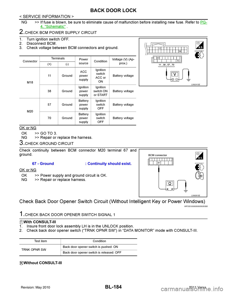 NISSAN LATIO 2011  Service Repair Manual BL-184
< SERVICE INFORMATION >
BACK DOOR LOCK
NG >> If fuse is blown, be sure to eliminate cause of malfunction before installing new fuse. Refer to PG-
4, "Schematic" . 
2.CHECK BCM POWER SUPPLY CIRC