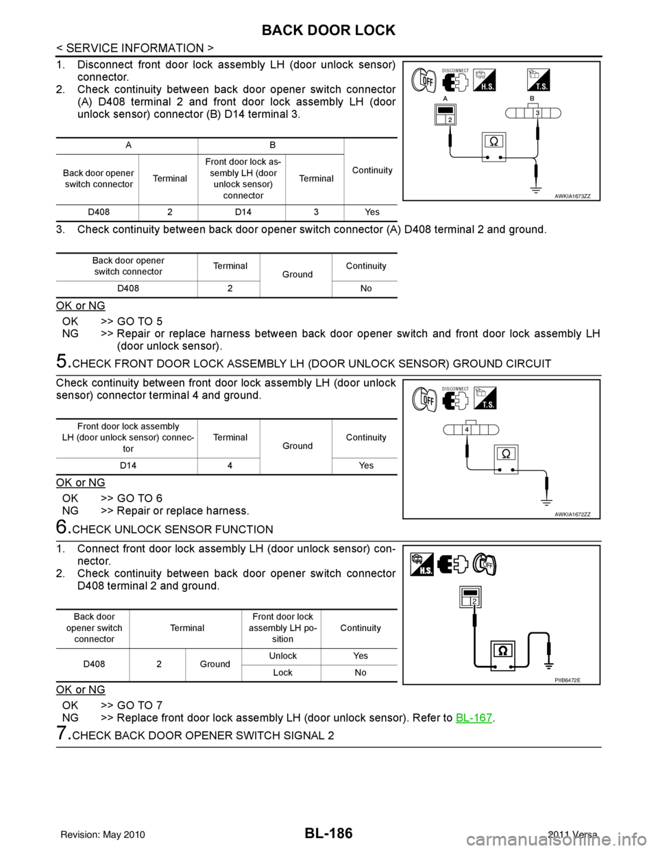 NISSAN LATIO 2011  Service Repair Manual BL-186
< SERVICE INFORMATION >
BACK DOOR LOCK
1. Disconnect front door lock assembly LH (door unlock sensor)connector.
2. Check continuity between back door opener switch connector
(A) D408 terminal 2