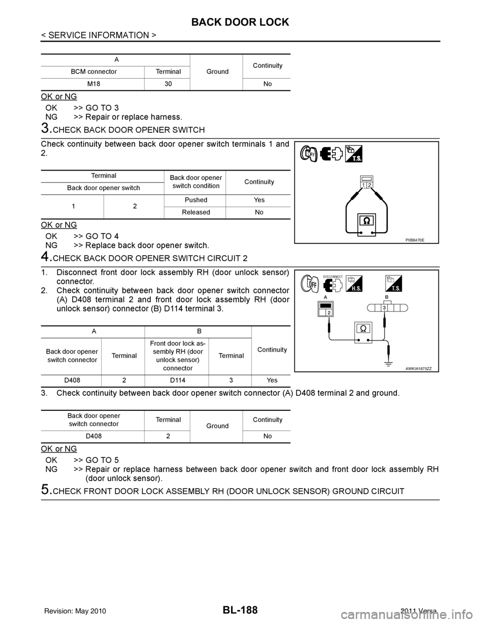 NISSAN LATIO 2011  Service Repair Manual BL-188
< SERVICE INFORMATION >
BACK DOOR LOCK
OK or NG
OK >> GO TO 3
NG >> Repair or replace harness.
3.CHECK BACK DOOR OPENER SWITCH 
Check continuity between back door opener switch terminals 1 and
