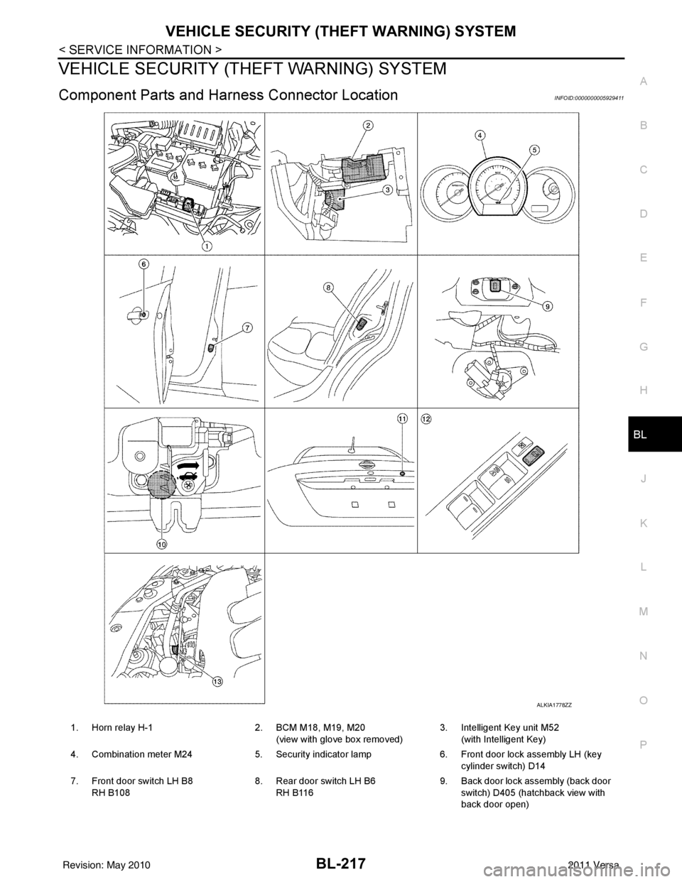 NISSAN LATIO 2011 Service Repair Manual VEHICLE SECURITY (THEFT WARNING) SYSTEMBL-217
< SERVICE INFORMATION >
C
DE
F
G H
J
K L
M A
B
BL
N
O P
VEHICLE SECURITY (THE FT WARNING) SYSTEM
Component Parts and Harness Connector LocationINFOID:0000 NISSAN LATIO 2011 Service Repair Manual VEHICLE SECURITY (THEFT WARNING) SYSTEMBL-217
< SERVICE INFORMATION >
C
DE
F
G H
J
K L
M A
B
BL
N
O P
VEHICLE SECURITY (THE FT WARNING) SYSTEM
Component Parts and Harness Connector LocationINFOID:0000