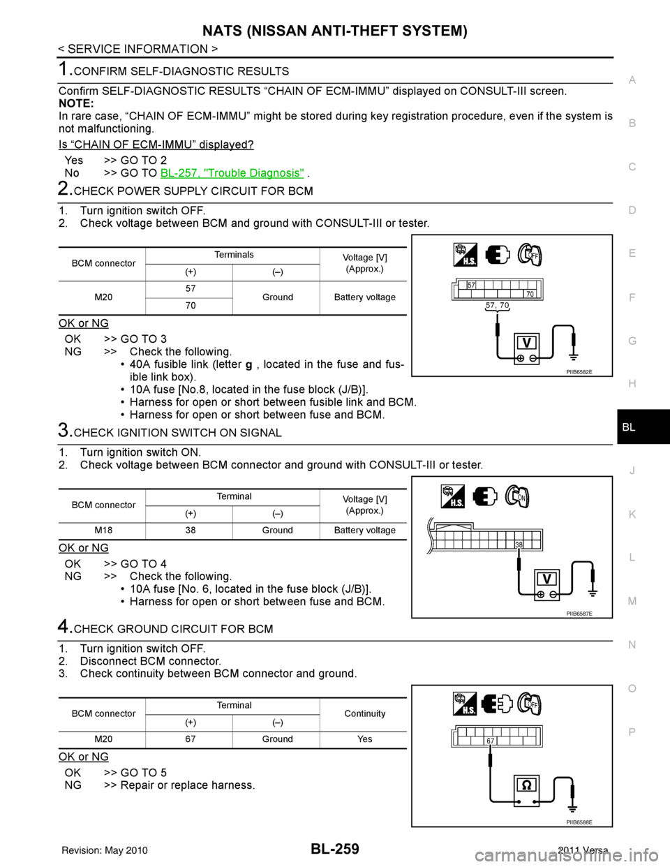 NISSAN LATIO 2011  Service Repair Manual NATS (NISSAN ANTI-THEFT SYSTEM)BL-259
< SERVICE INFORMATION >
C
DE
F
G H
J
K L
M A
B
BL
N
O P
1.CONFIRM SELF-DIAGNOSTIC RESULTS
Confirm SELF-DIAGNOSTIC RESULTS “CHAIN OF ECM-IMMU” displayed on CON